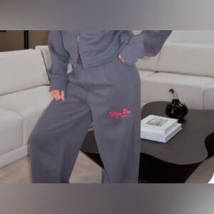 White Fox Boutique Charcoal Wide-Leg Sweatpants with Pink Script